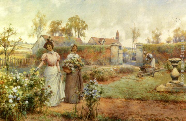 Alfred Glendening A Lady And Her Maid Picking Chrysanthemums